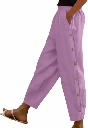 Women's Linen Pants Summer Casual Solid Color Straight Leg Beach High Waisted Linen Pants Elastic Waist Streetwear Trousers