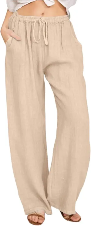 Women's Linen Pants Summer Drawstring Waist Pants Wide Leg Loose Cotton Linen Pants Grey Palazzo Beach Trousers