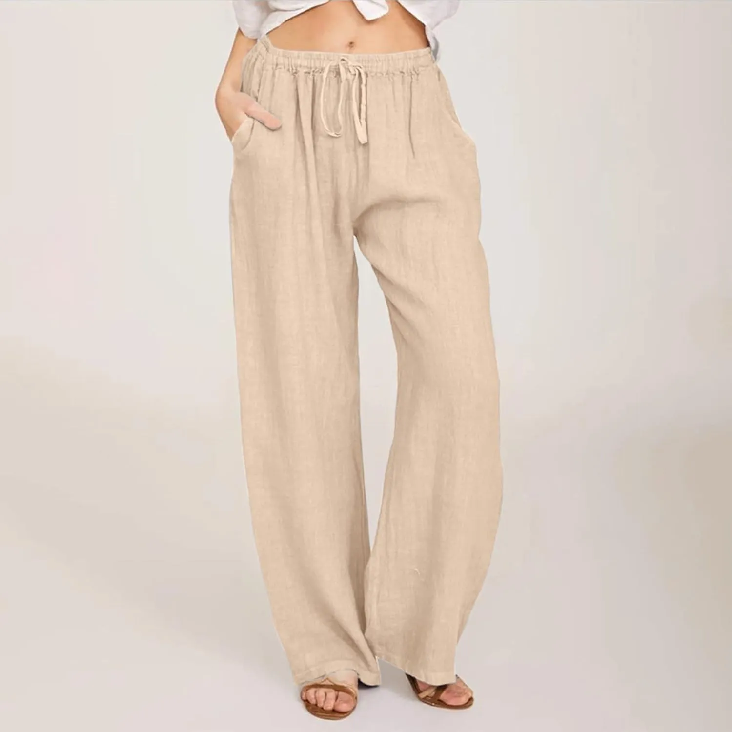 Women's Linen Pants Summer Drawstring Waist Pants Wide Leg Loose Cotton Linen Pants Grey Palazzo Beach Trousers
