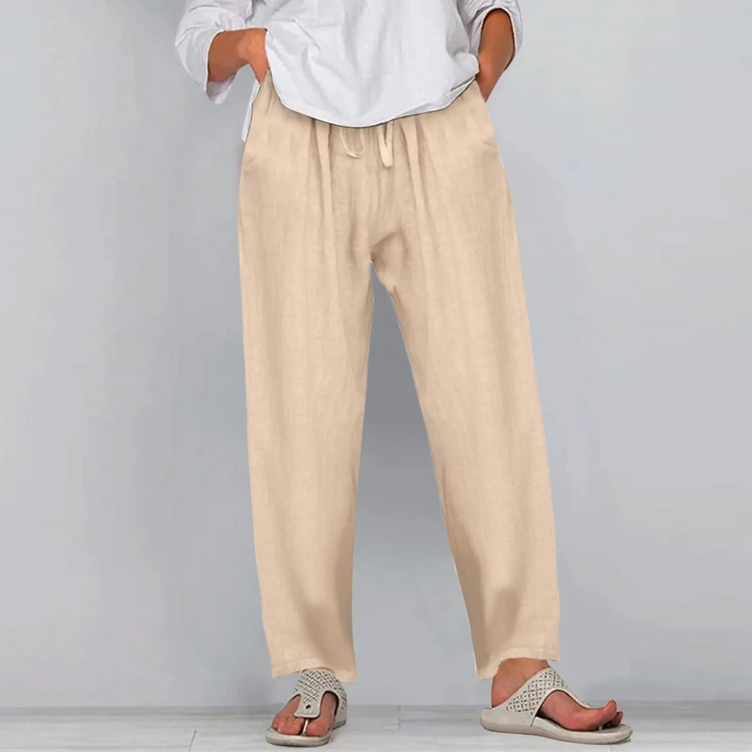 Women's Linen Pants Summer Drawstring Waist Pants Wide Leg Loose Cotton Linen Pants Grey Palazzo Beach Trousers