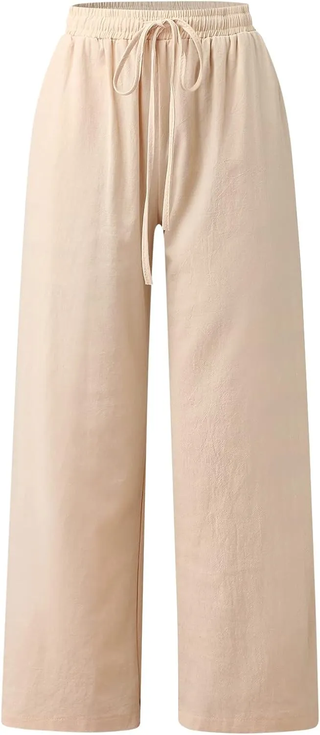 Women's Linen Pants Summer Drawstring Waist Pants Wide Leg Loose Cotton Linen Pants Grey Palazzo Beach Trousers