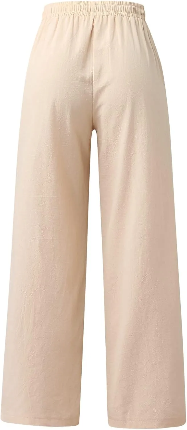 Women's Linen Pants Summer Drawstring Waist Pants Wide Leg Loose Cotton Linen Pants Grey Palazzo Beach Trousers