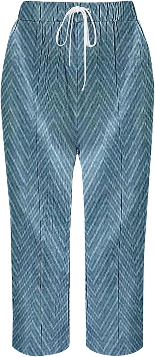 Womens Linen Pants Summer Plus Size Elastic Waisted Casual Capri Pants Side Button Drawstring Loose Cropped Pants