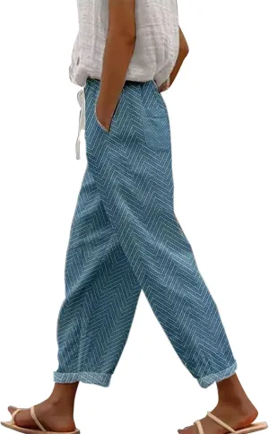 Womens Linen Pants Summer Plus Size Elastic Waisted Casual Capri Pants Side Button Drawstring Loose Cropped Pants