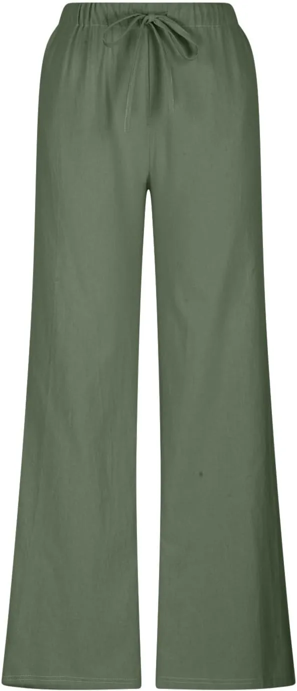 Womens Linen Pants Summer Wide Leg High Waist Flowy Palazzo Casual Loose Fit Lightweight Drawstring Beach Trousers