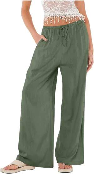 Womens Linen Pants Summer Wide Leg High Waist Flowy Palazzo Casual Loose Fit Lightweight Drawstring Beach Trousers