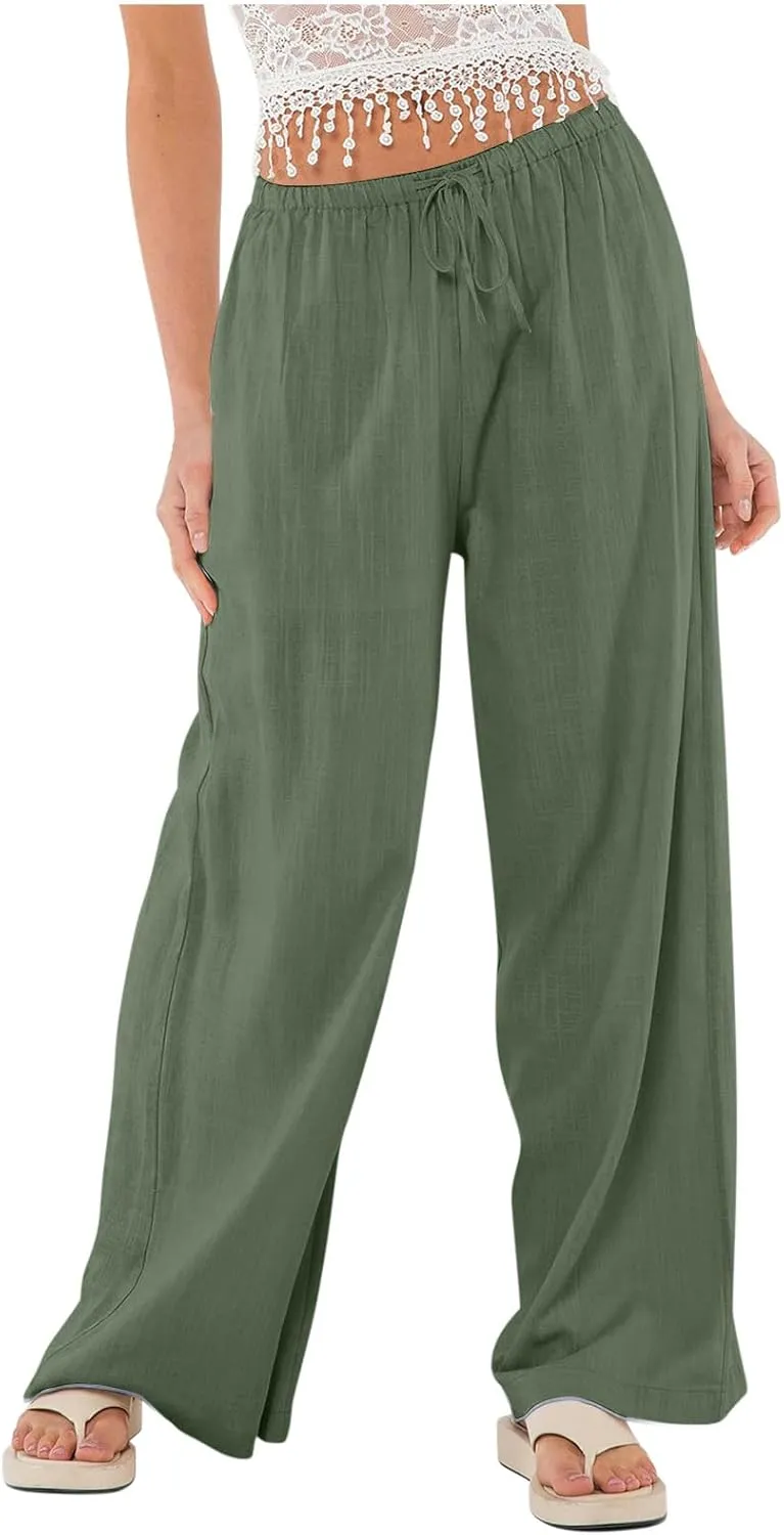 Womens Linen Pants Summer Wide Leg High Waist Flowy Palazzo Casual Loose Fit Lightweight Drawstring Beach Trousers