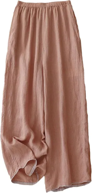 Womens Linen Pants Wide Leg Palazzo Trousers 2025 Summer Solid High Elastic Waist Flowy Casual Pants with Pockets