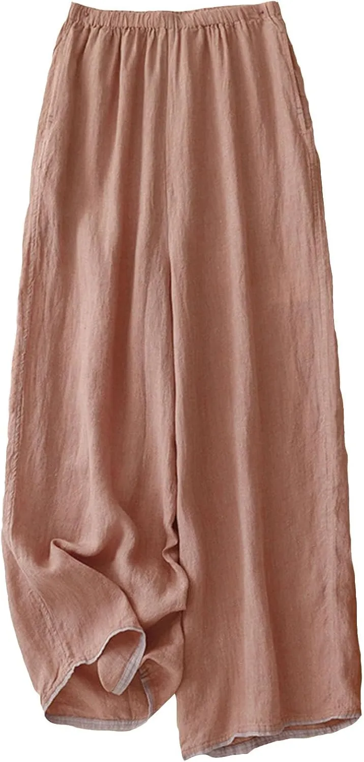 Womens Linen Pants Wide Leg Palazzo Trousers 2025 Summer Solid High Elastic Waist Flowy Casual Pants with Pockets