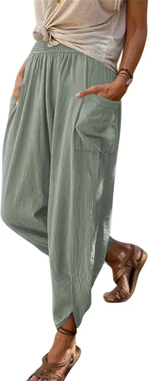 Womens Linen Pants with Pockets Straight Leg Elastic Waist Casual Pants Summer Loose Capris Beach Vacation Trousers