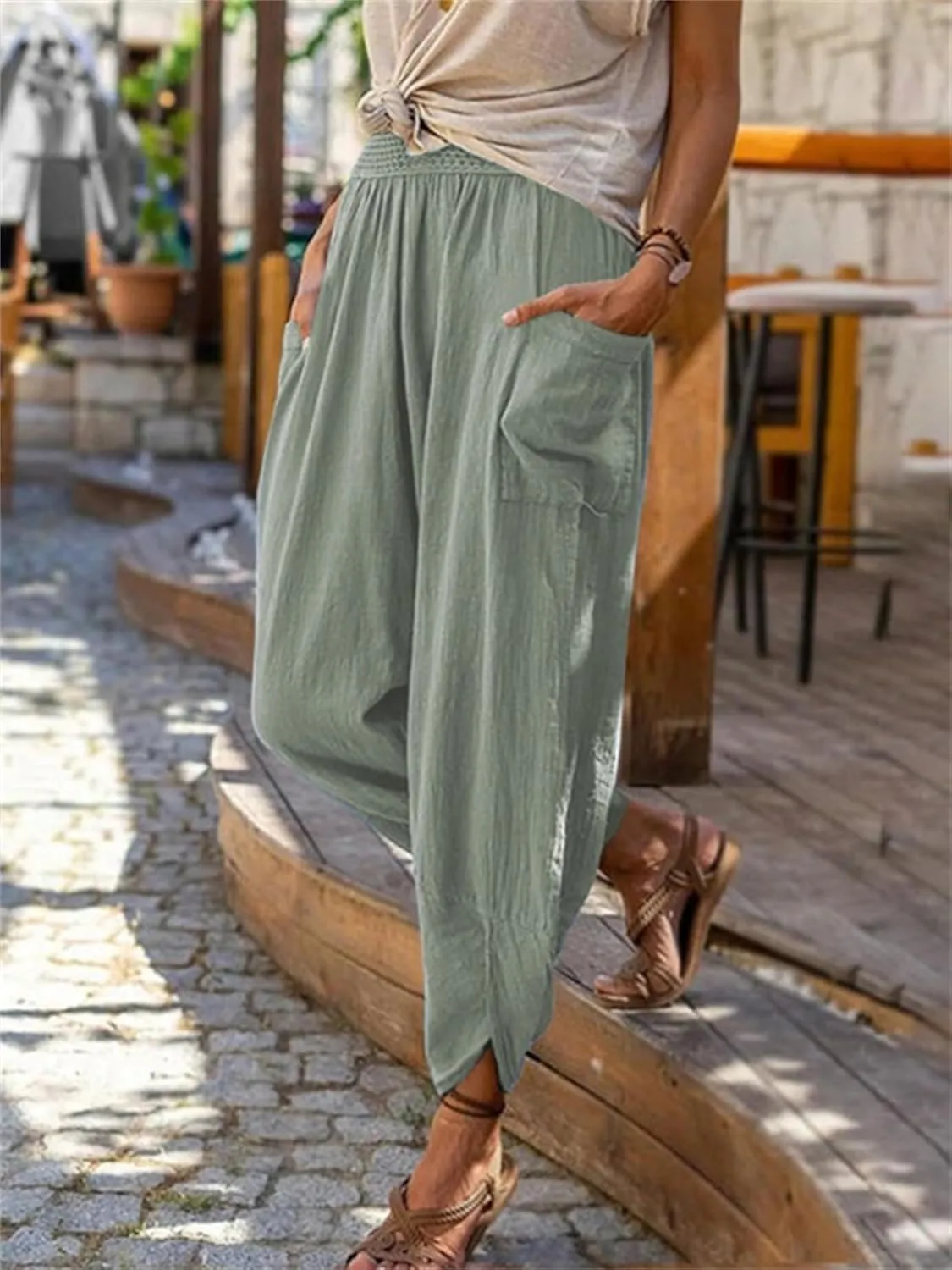 Womens Linen Pants with Pockets Straight Leg Elastic Waist Casual Pants Summer Loose Capris Beach Vacation Trousers