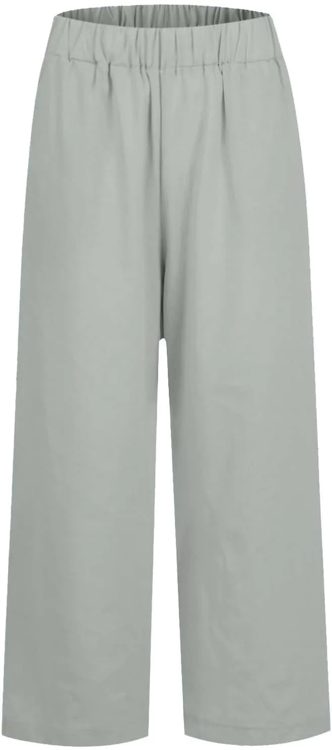 Womens Linen Pants,Summer Casual Straight Leg Pant High Elastic Waisted Lounge Pants Beach Long Trousers with Pocket