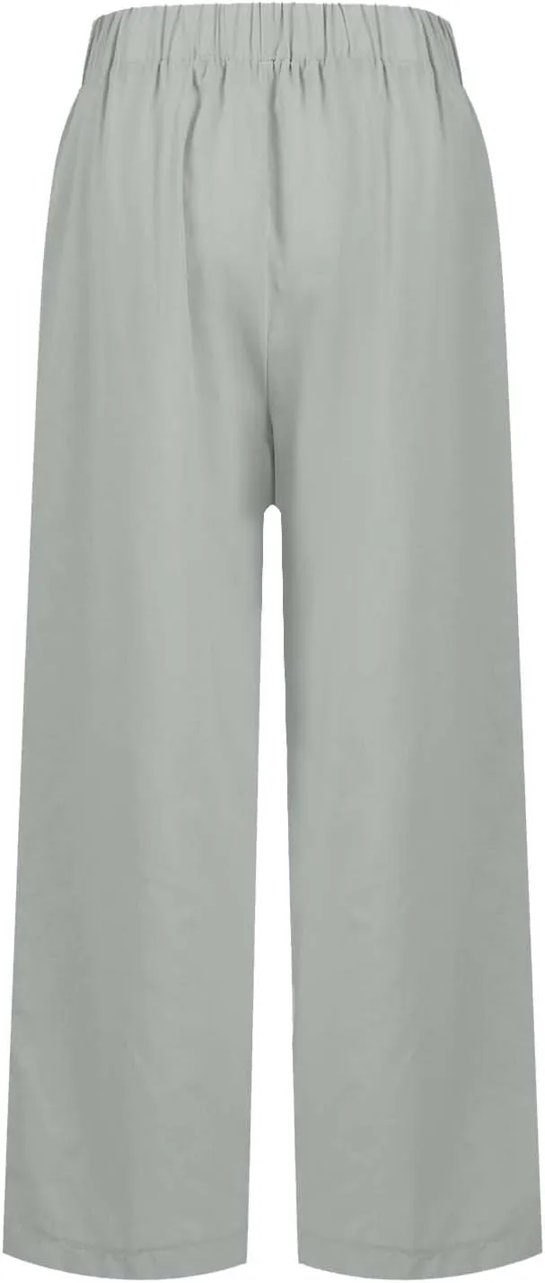 Womens Linen Pants,Summer Casual Straight Leg Pant High Elastic Waisted Lounge Pants Beach Long Trousers with Pocket