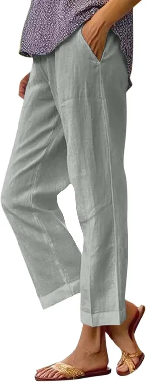 Womens Linen Pants,Summer Casual Straight Leg Pant High Elastic Waisted Lounge Pants Beach Long Trousers with Pocket