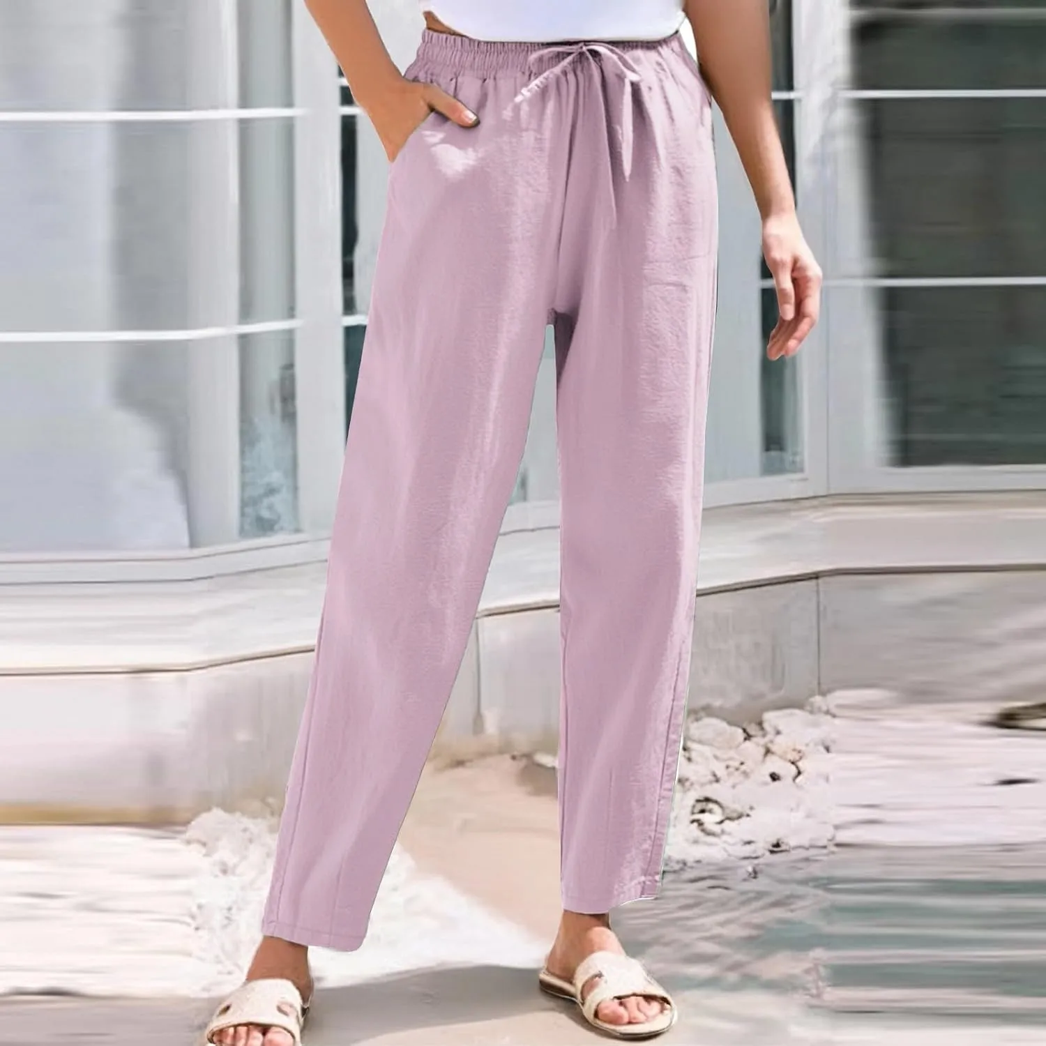 Women's Linen Straight Leg Pants Cotton Elastic Drawstring Casual Trousers with Pockets Summer Beach Lounge Pants