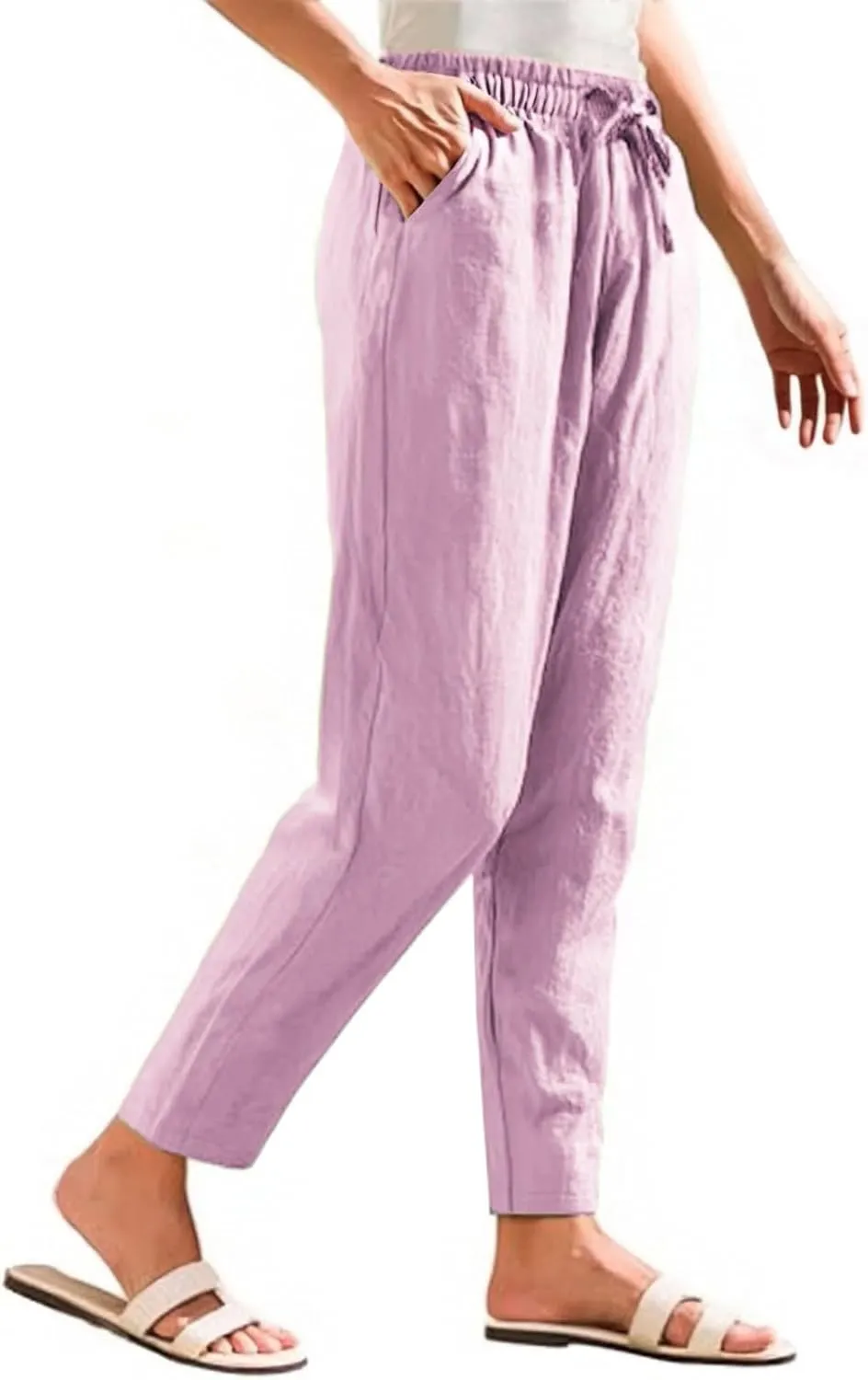Women's Linen Straight Leg Pants Cotton Elastic Drawstring Casual Trousers with Pockets Summer Beach Lounge Pants