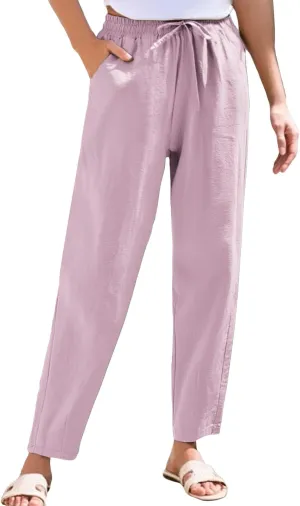 Women's Linen Straight Leg Pants Cotton Elastic Drawstring Casual Trousers with Pockets Summer Beach Lounge Pants