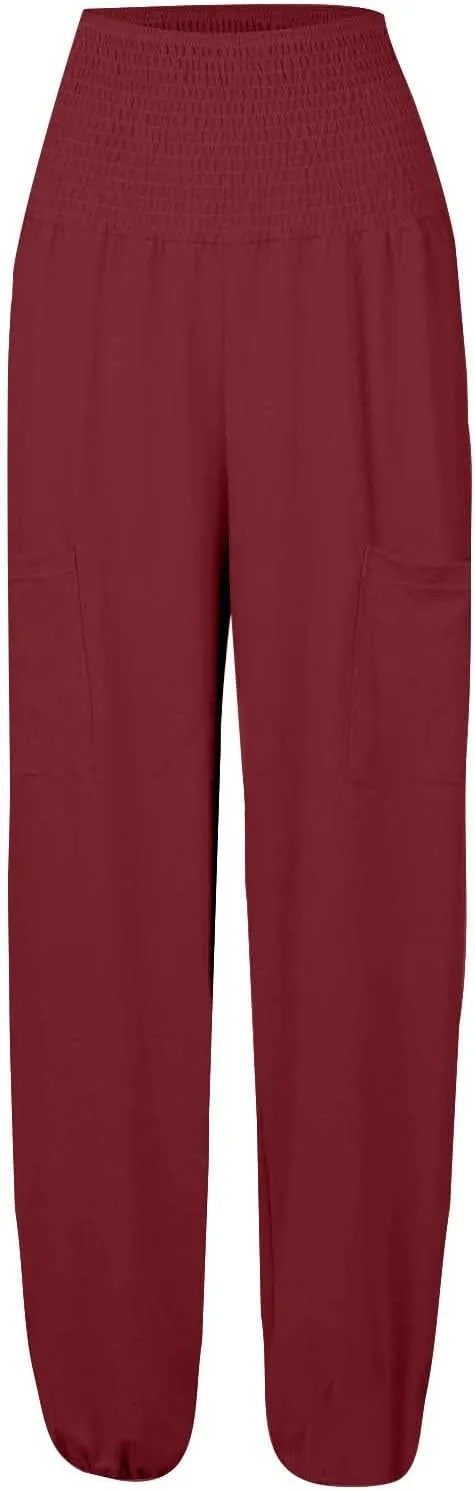Women's Linen Summer Drawstring Palazzo Pants Elastic Waist Wide Leg Slim-Fit Pant Trousers Beach