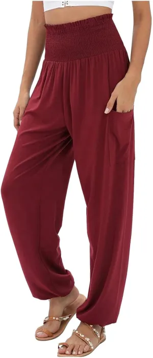 Women's Linen Summer Drawstring Palazzo Pants Elastic Waist Wide Leg Slim-Fit Pant Trousers Beach