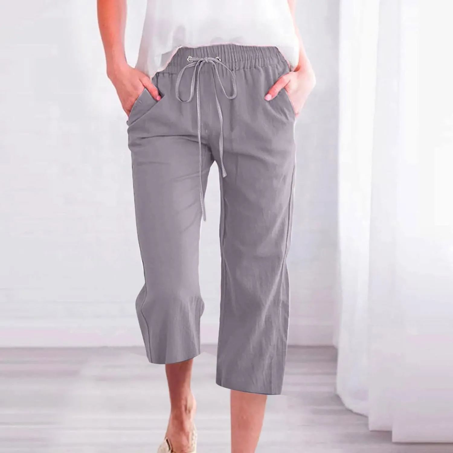 Women's Linen Summer Drawstring Palazzo Pants Low Waist Baggy Stretchy Slim Fit Pant Trousers Business Work