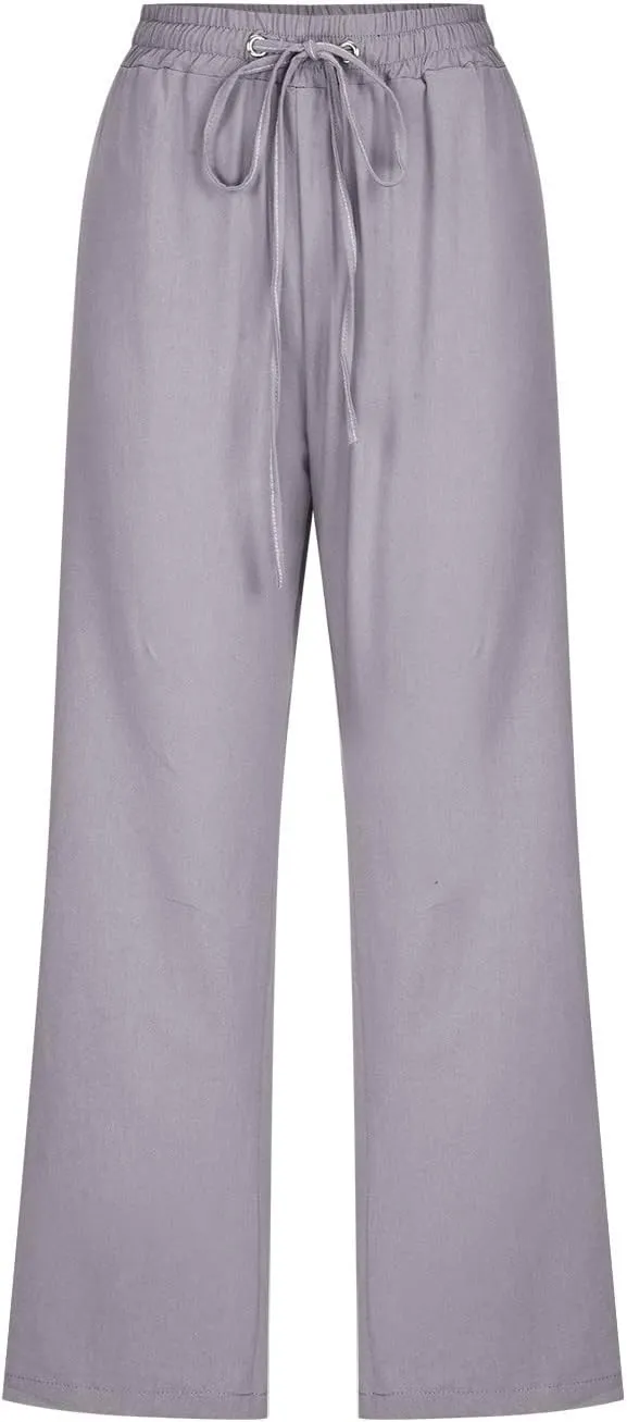 Women's Linen Summer Drawstring Palazzo Pants Low Waist Baggy Stretchy Slim Fit Pant Trousers Business Work