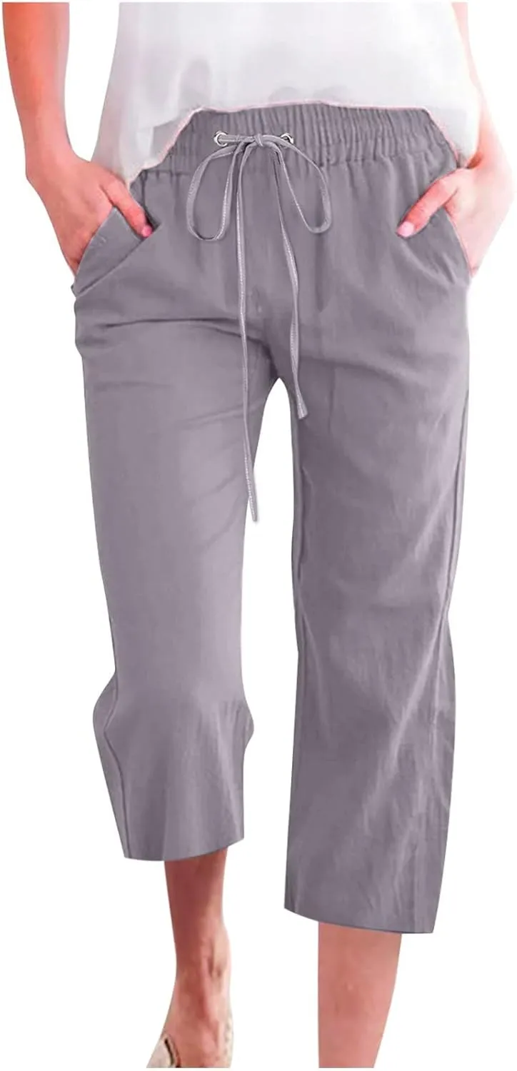 Women's Linen Summer Drawstring Palazzo Pants Low Waist Baggy Stretchy Slim Fit Pant Trousers Business Work