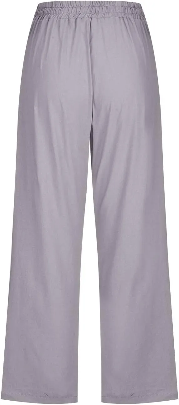 Women's Linen Summer Drawstring Palazzo Pants Low Waist Baggy Stretchy Slim Fit Pant Trousers Business Work