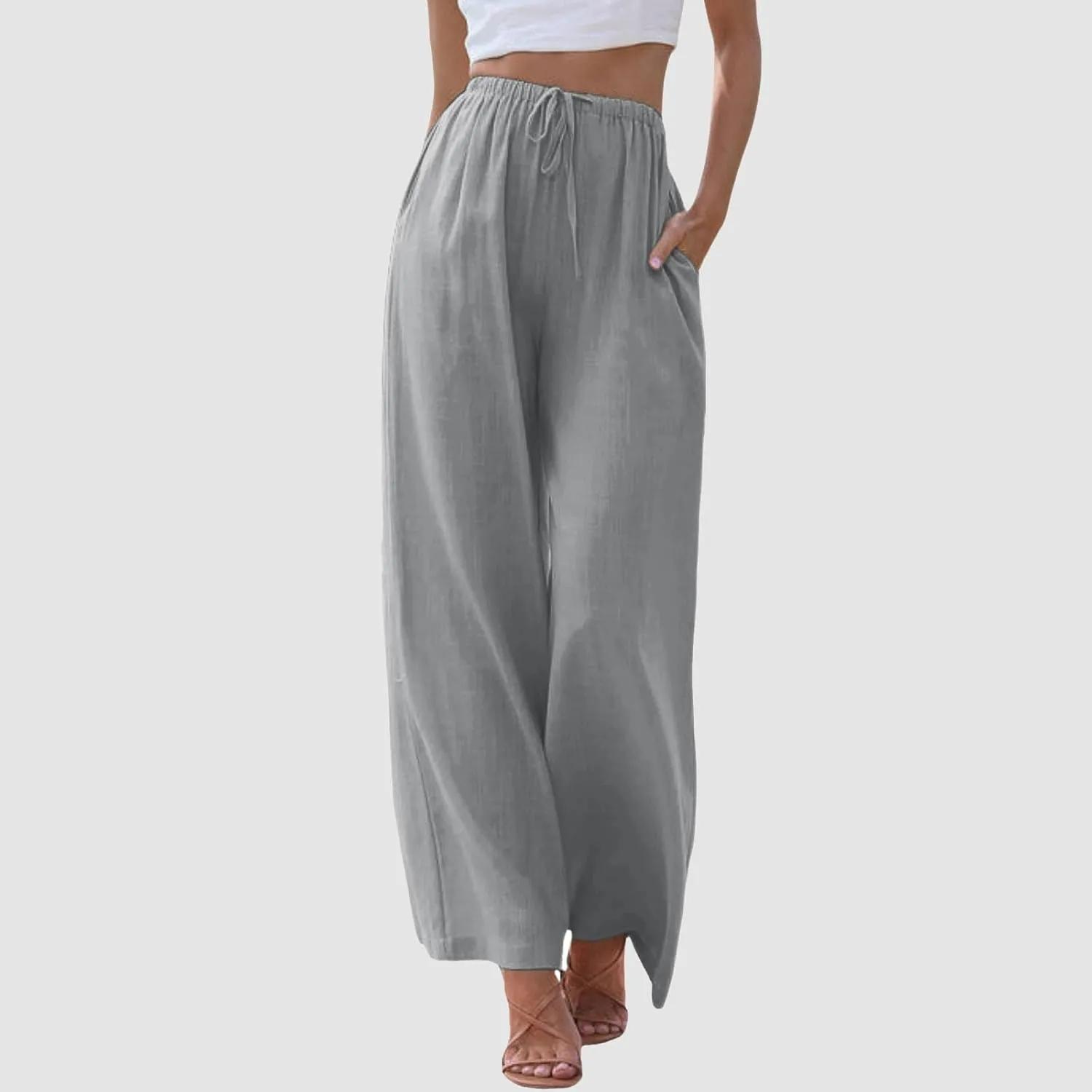 Women's Linen Summer Palazzo Pants Flowy Wide Leg Beach Trousers Drawstring Elastic Waist Pant with Pockets