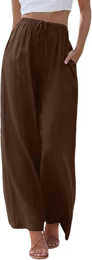 Women's Linen Summer Palazzo Pants Flowy Wide Leg Beach Trousers Drawstring Elastic Waist Pant with Pockets