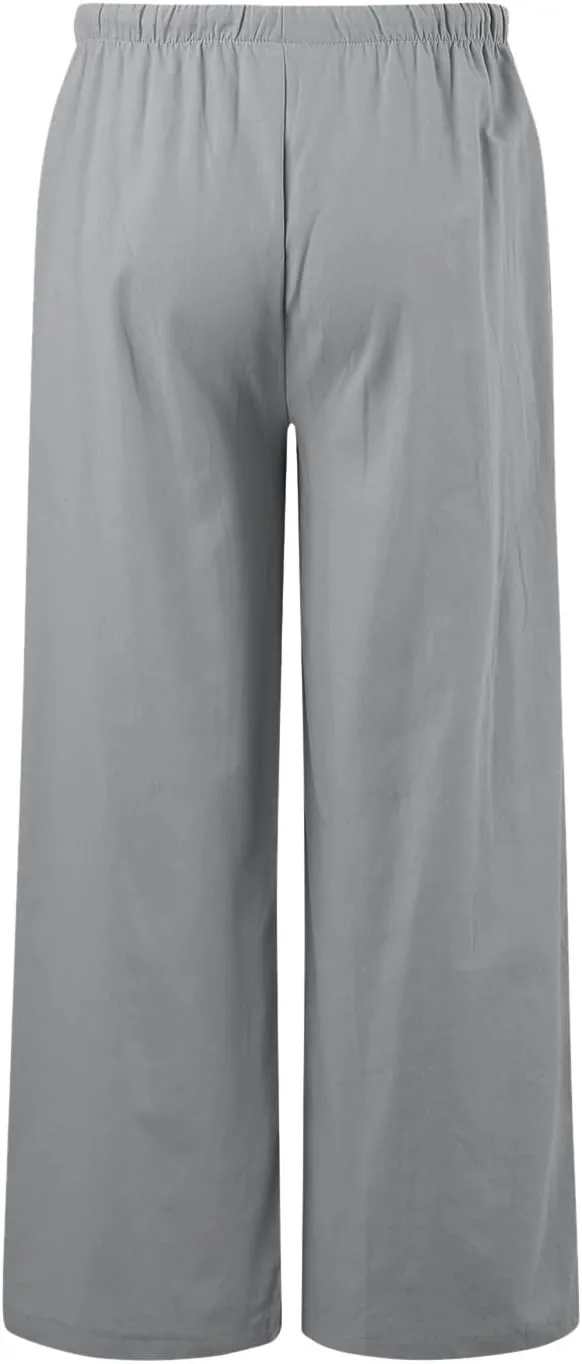 Women's Linen Summer Palazzo Pants Flowy Wide Leg Beach Trousers Drawstring Elastic Waist Pant with Pockets