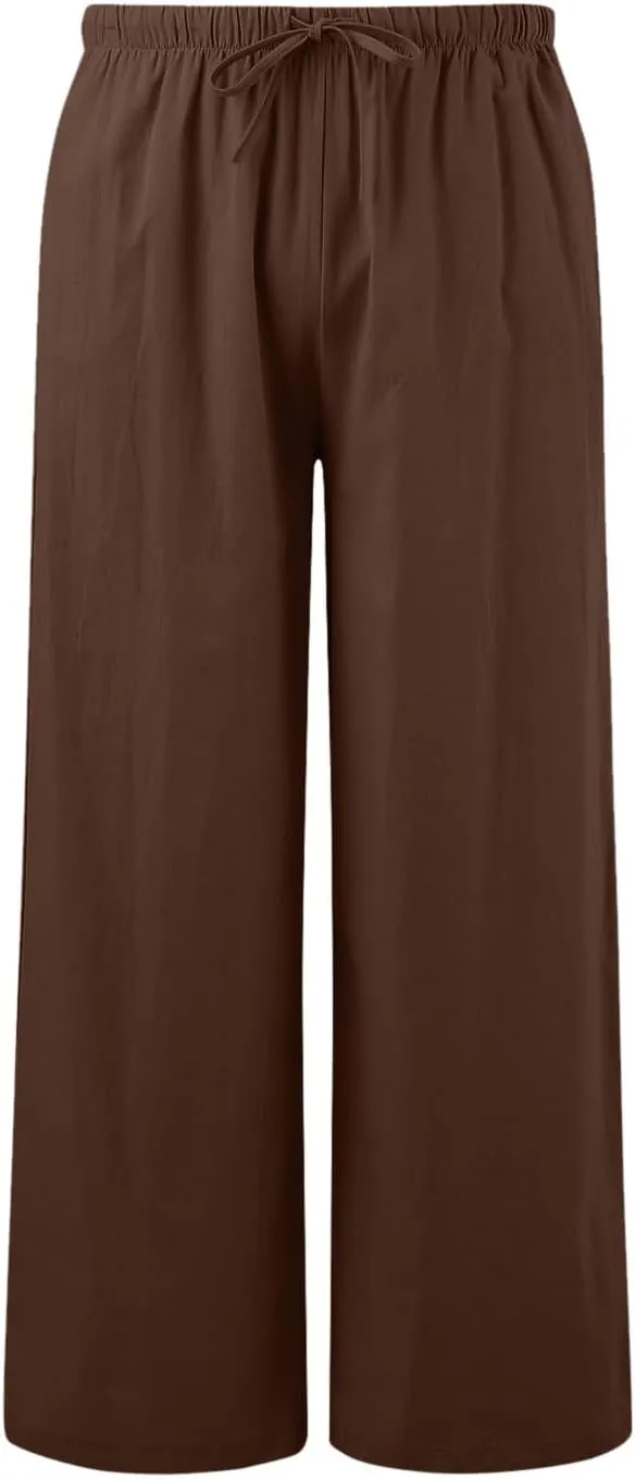 Women's Linen Summer Palazzo Pants Flowy Wide Leg Beach Trousers Drawstring Elastic Waist Pant with Pockets