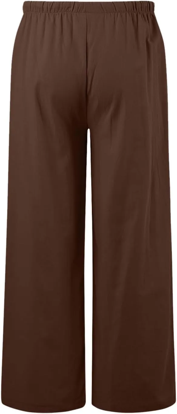 Women's Linen Summer Palazzo Pants Flowy Wide Leg Beach Trousers Drawstring Elastic Waist Pant with Pockets