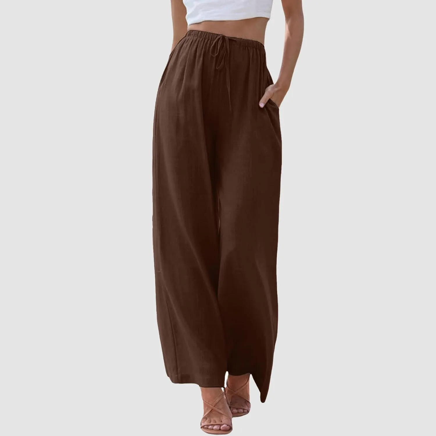 Women's Linen Summer Palazzo Pants Flowy Wide Leg Beach Trousers Drawstring Elastic Waist Pant with Pockets