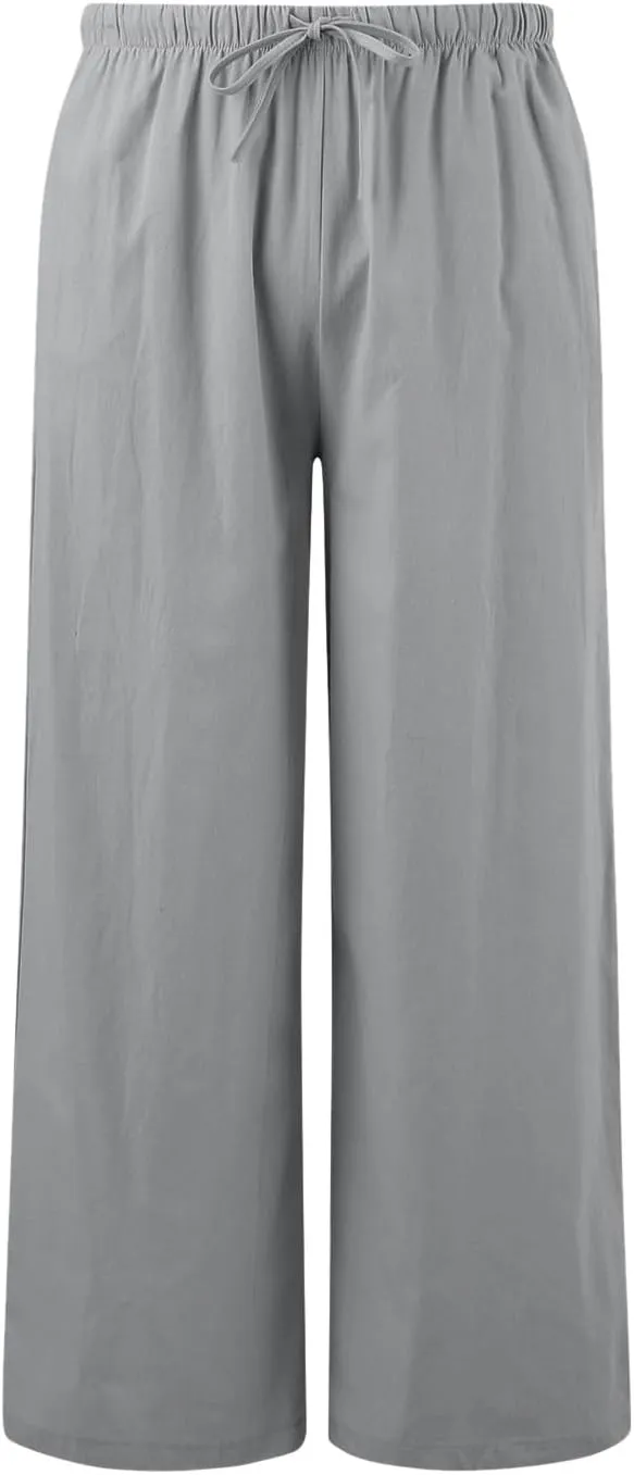 Women's Linen Summer Palazzo Pants Flowy Wide Leg Beach Trousers Drawstring Elastic Waist Pant with Pockets