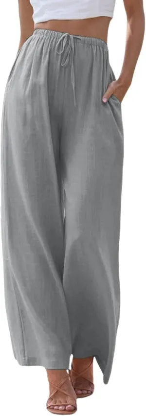 Women's Linen Summer Palazzo Pants Flowy Wide Leg Beach Trousers Drawstring Elastic Waist Pant with Pockets