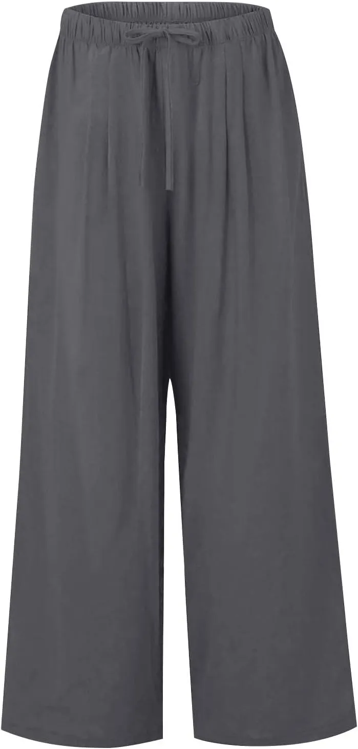 Women's Linen Summer Palazzo Pants Flowy Wide Leg Beach Trousers with Pockets