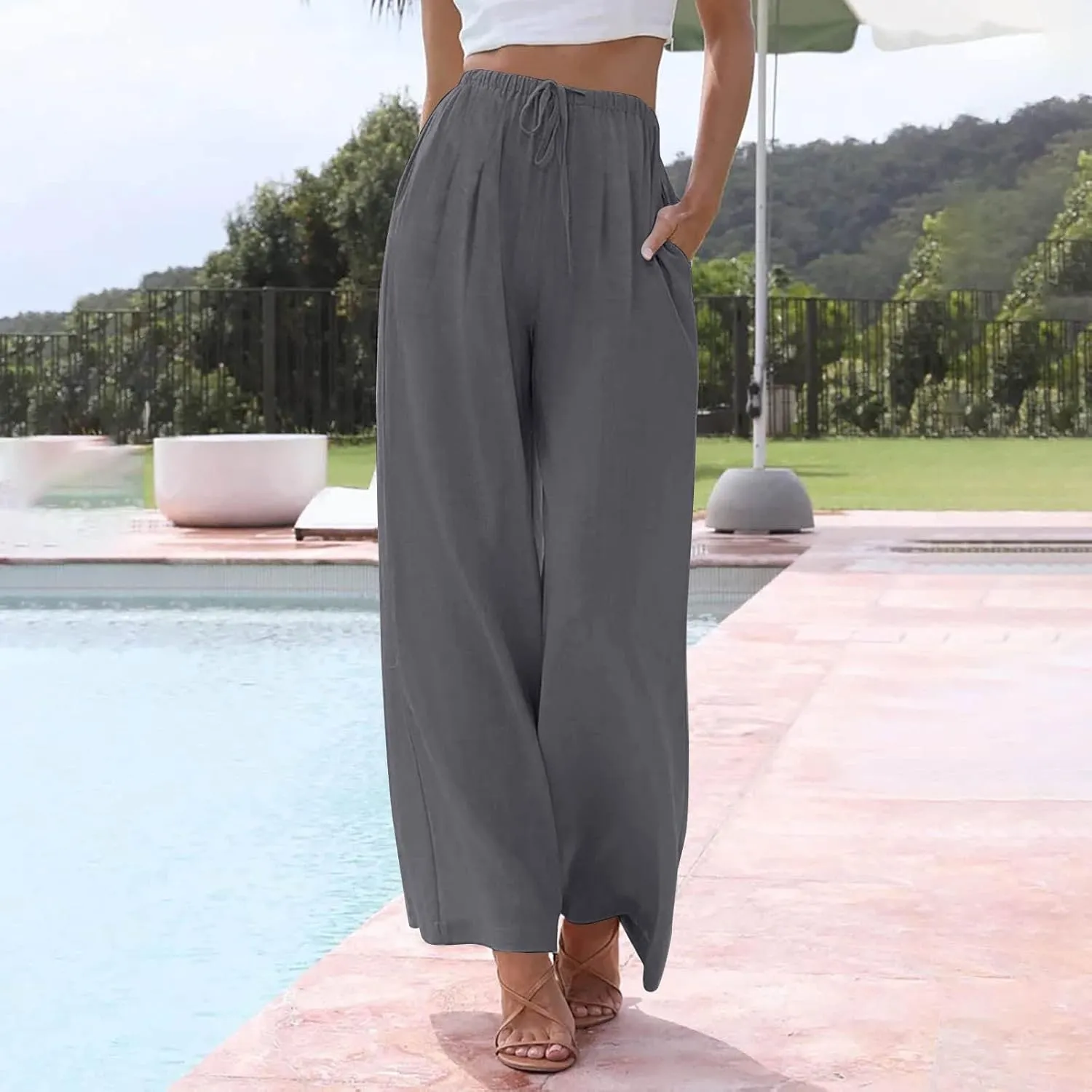 Women's Linen Summer Palazzo Pants Flowy Wide Leg Beach Trousers with Pockets