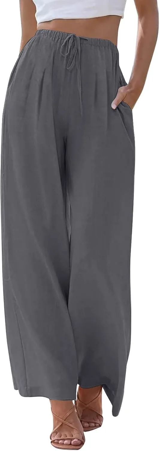 Women's Linen Summer Palazzo Pants Flowy Wide Leg Beach Trousers with Pockets
