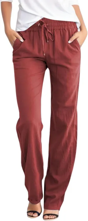 Women's Linen Summer Print Palazzo Pants Low Waist Long Lounge Slim-Fit Pant Trousers Office