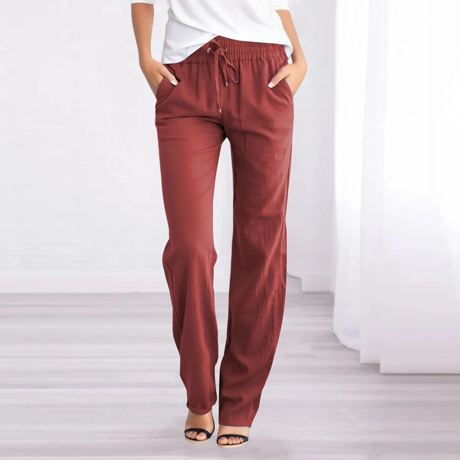 Women's Linen Summer Print Palazzo Pants Low Waist Long Lounge Slim-Fit Pant Trousers Office