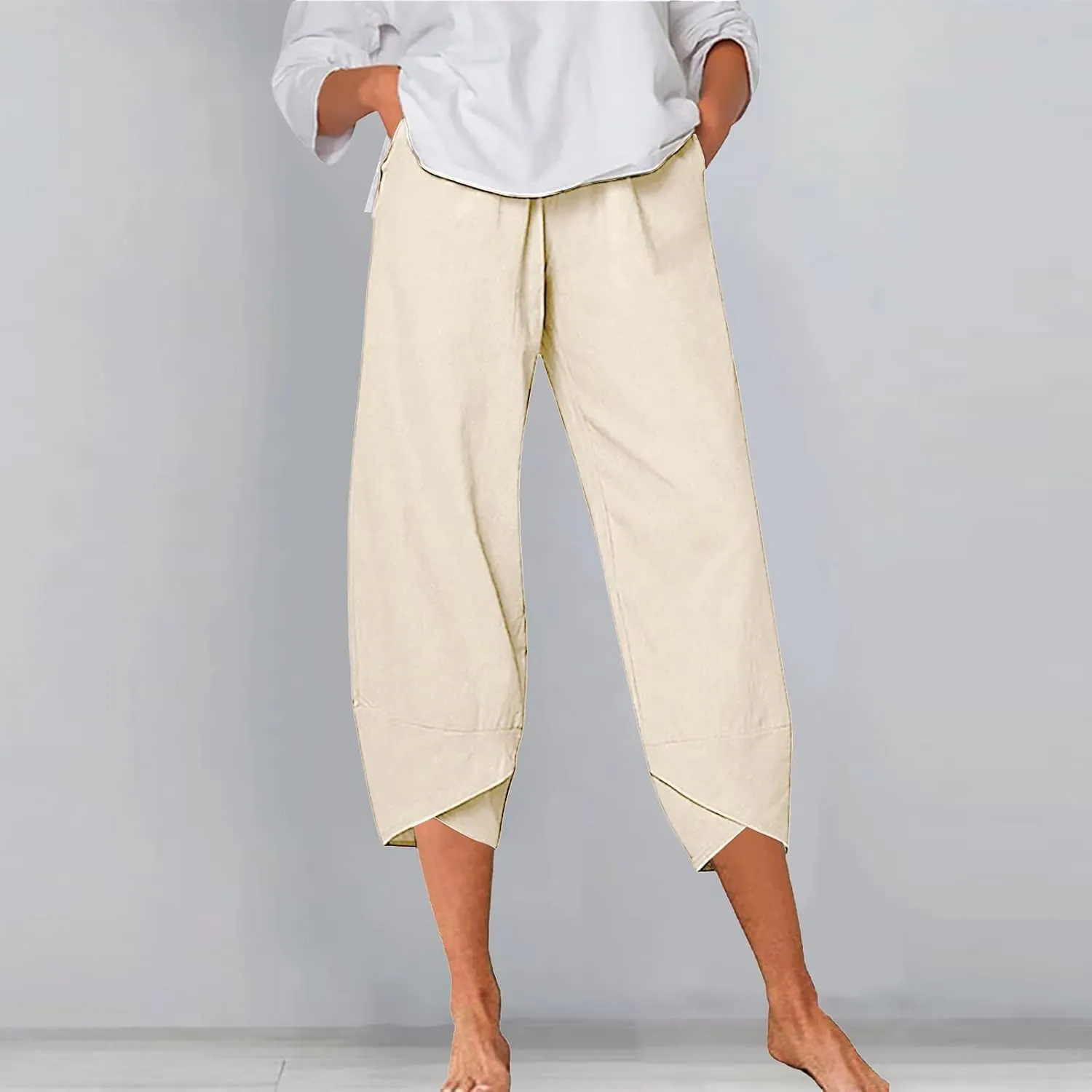 Women's Linen Summer Printed Pant Trousers Low Waist Wide Leg Plus Size Palazzo Pants Travel