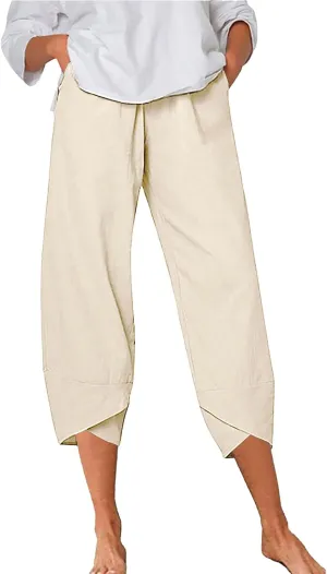 Women's Linen Summer Printed Pant Trousers Low Waist Wide Leg Plus Size Palazzo Pants Travel