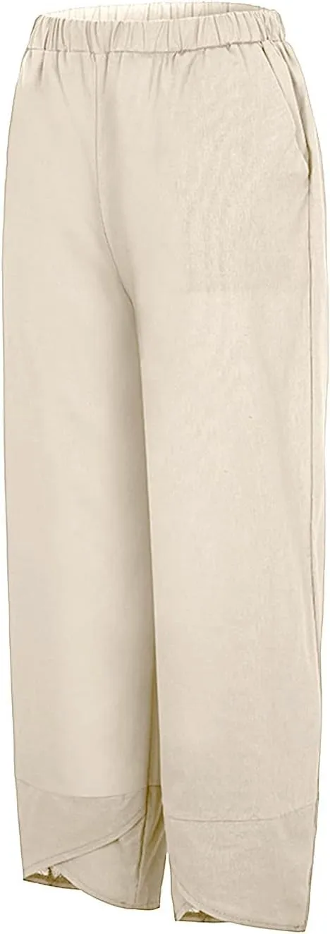 Women's Linen Summer Printed Pant Trousers Low Waist Wide Leg Plus Size Palazzo Pants Travel