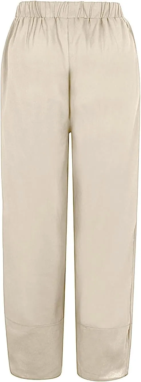 Women's Linen Summer Printed Pant Trousers Low Waist Wide Leg Plus Size Palazzo Pants Travel
