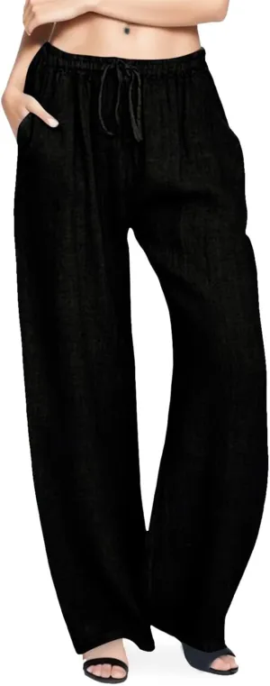 Women's Linen Summer Solid Palazzo Pants Elastic Waist Wide Leg Plus Size Trouser Travel