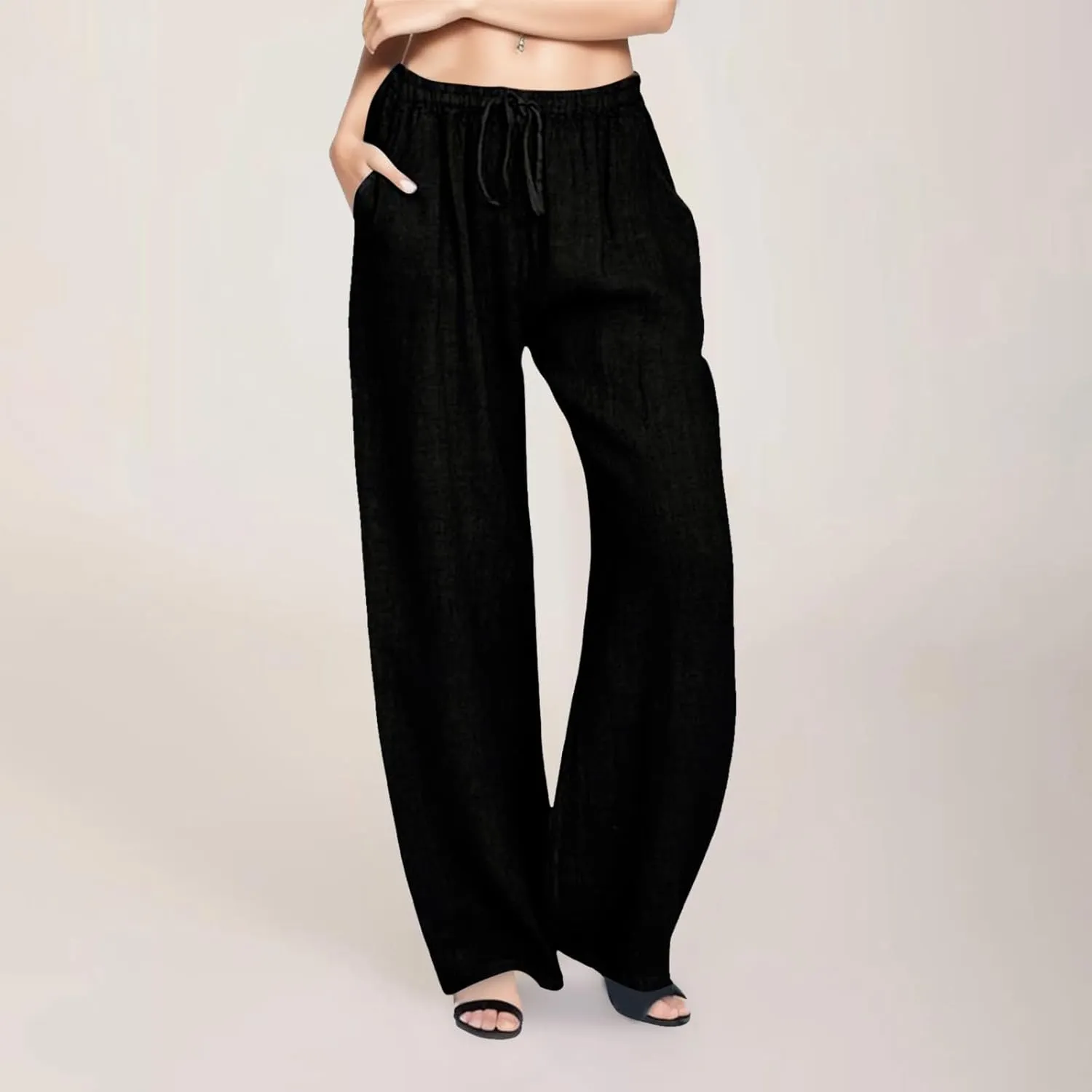 Women's Linen Summer Solid Palazzo Pants Elastic Waist Wide Leg Plus Size Trouser Travel