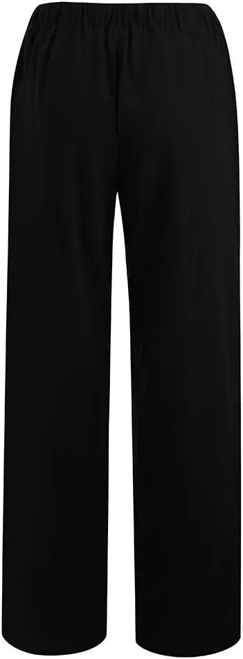 Women's Linen Summer Solid Palazzo Pants Elastic Waist Wide Leg Plus Size Trouser Travel