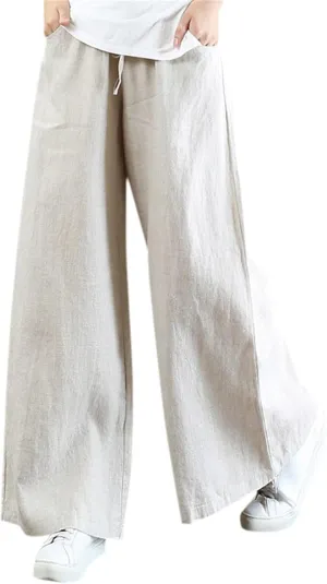 Women's Linen Summer Striped Palazzo Lounge Pants Elastic Waist Wide Leg Loose Fit Pant Trousers Office