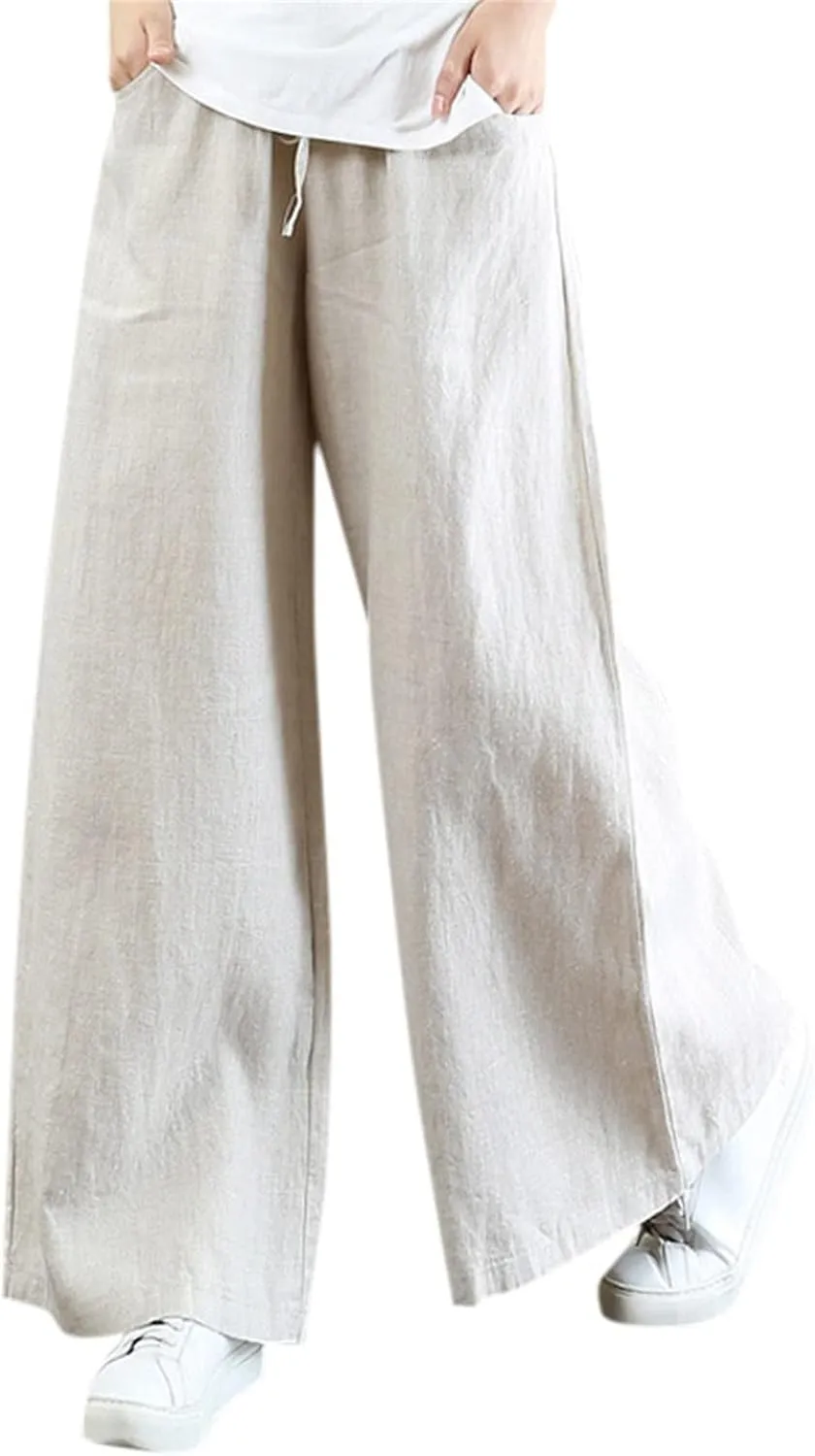 Women's Linen Summer Striped Palazzo Lounge Pants Elastic Waist Wide Leg Loose Fit Pant Trousers Office