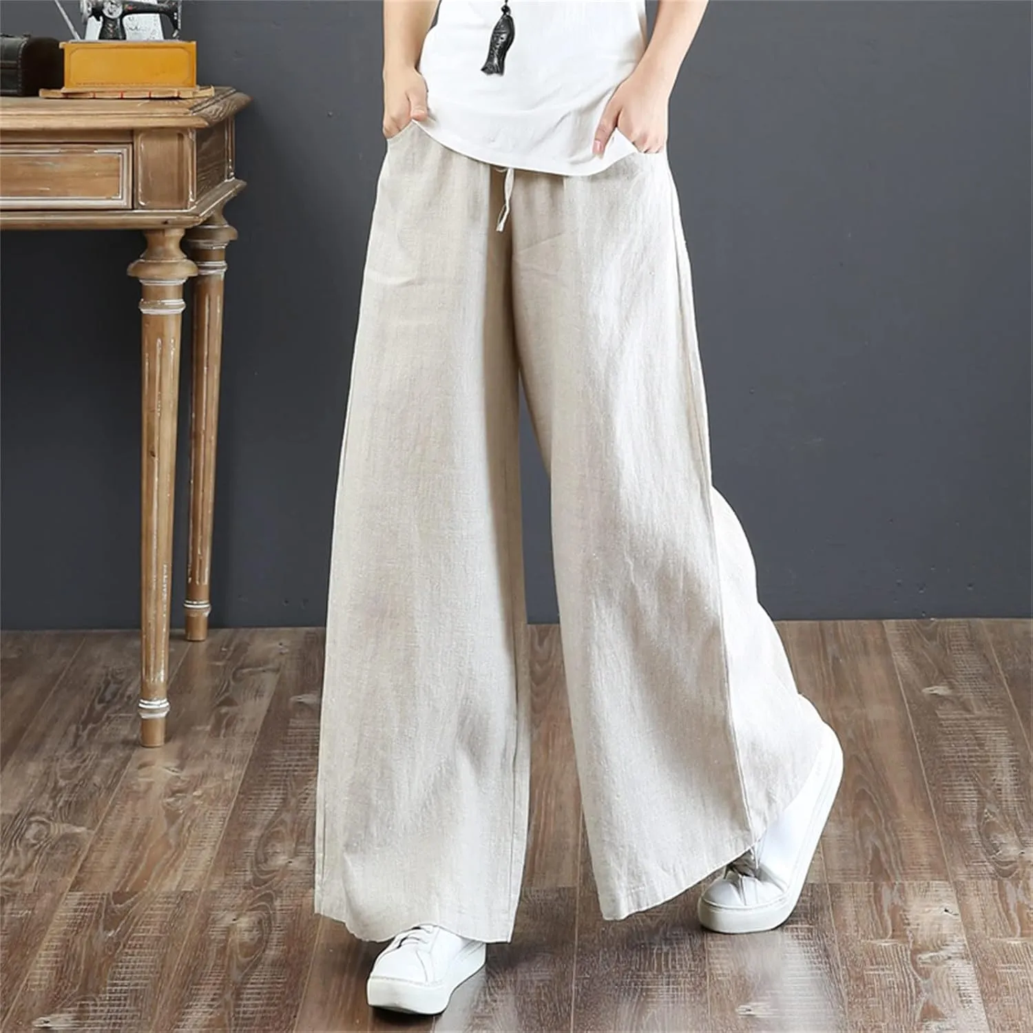 Women's Linen Summer Striped Palazzo Lounge Pants Elastic Waist Wide Leg Loose Fit Pant Trousers Office